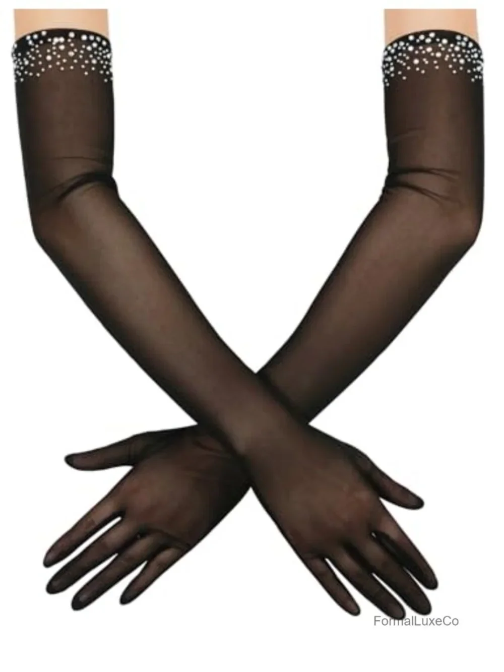 Sheer Tulle Mesh Long Opera Gloves with Beads Wedding Party